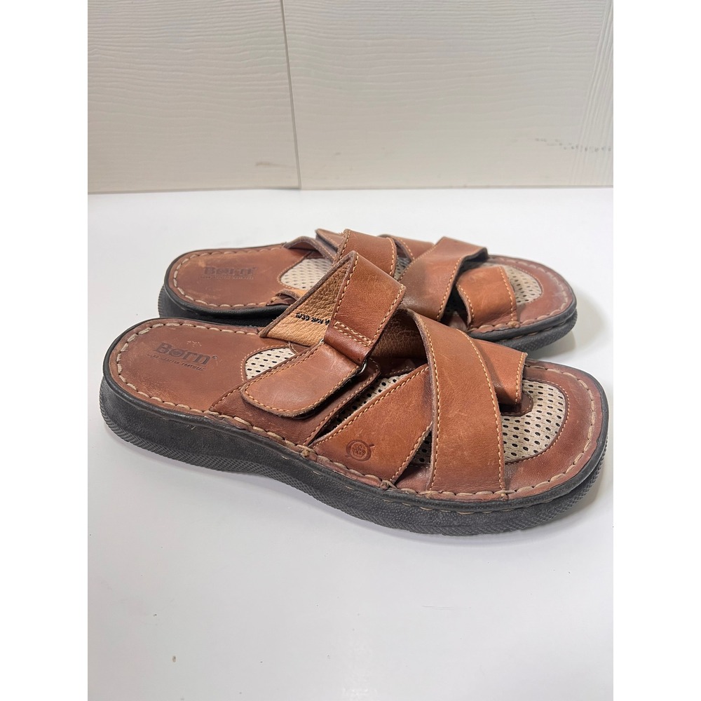 Born Womens Cottagecore Brown Leather Slide Sandals Toe Loop